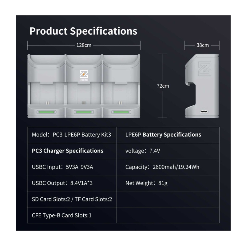 Charging Case For 3 Accu's Canon LP-E6 (PC3-LPE6)