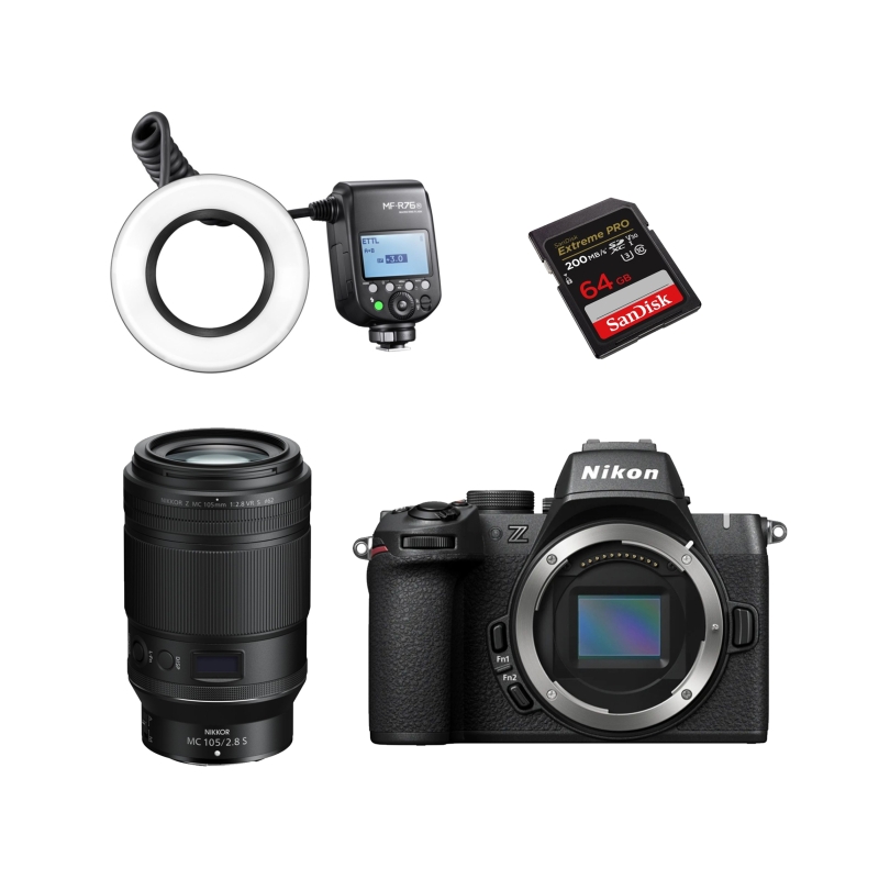 Foto Grijpink Mondfotografie set Nikon Z50 II + Godox MF-R76N TTL Macro Ring Flash Nikon + 64gb sd Card + Nikon Z MC 105mm f/2.8 VR S
